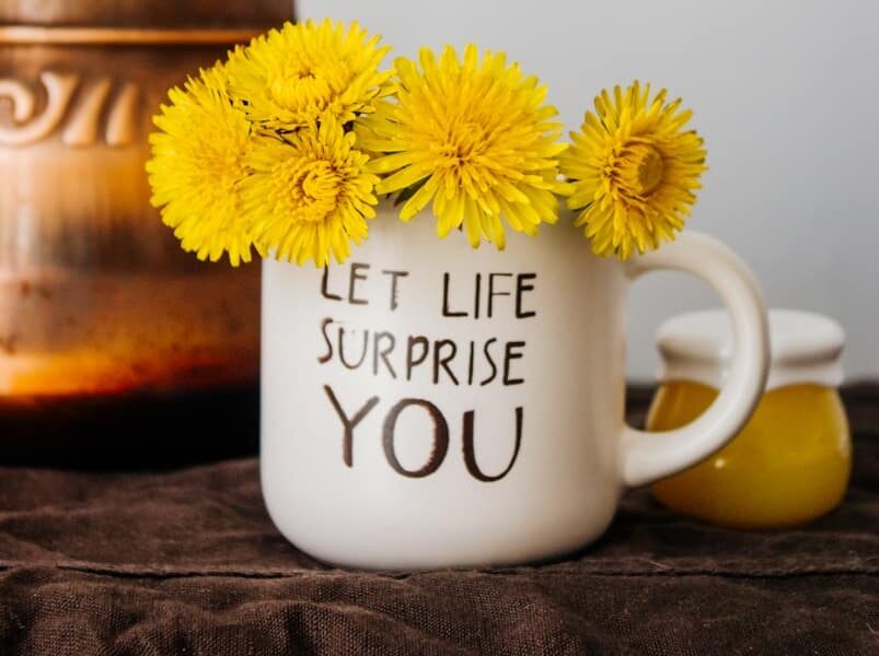 White ceramic mug with yellow flowers. Mindset Therapy