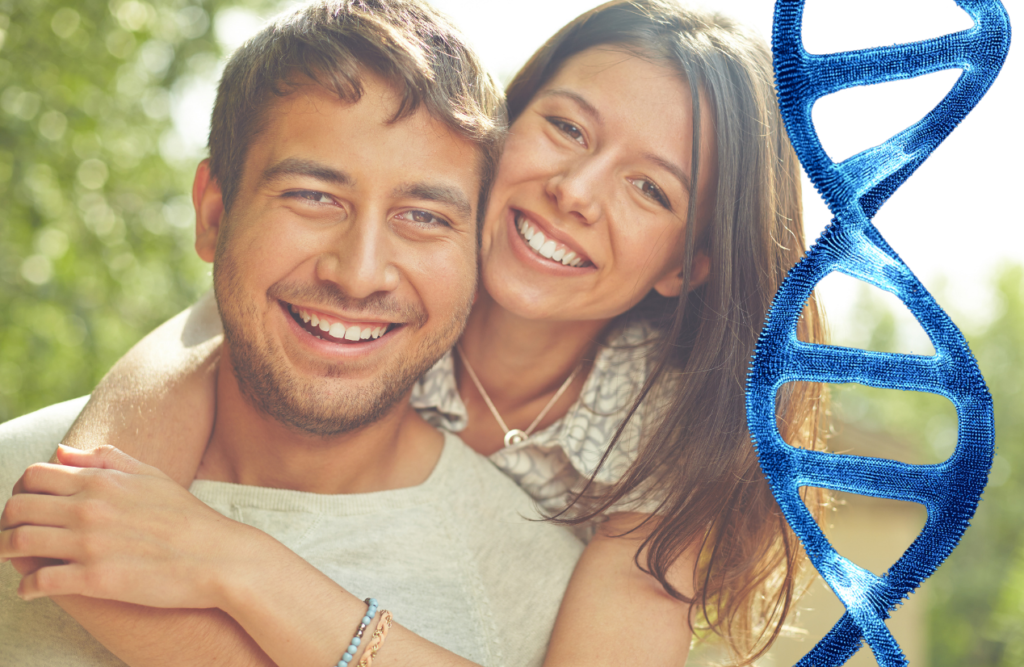 Couple hugging with a strand of DNA beside them. Methylation Testing