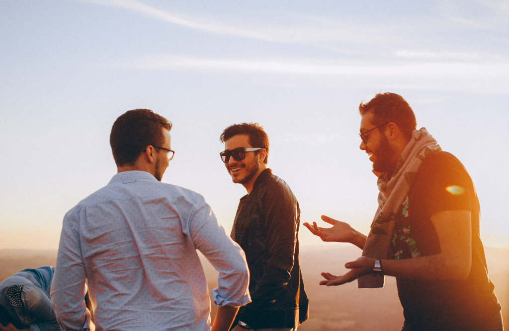 Three men talking and laughing. Hypnosis sleep. Brisbane Livewell Clinic